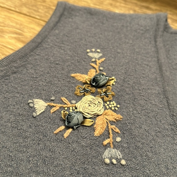 VINTAGE KORET Y2K 100% WOOL SWEATER VEST SZ 2X BLUE W/ BEADED AND SILKY FLOWERS - Picture 6 of 12